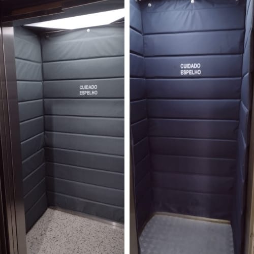 Acolchoado de proteção com espuma interna em cabina de elevador